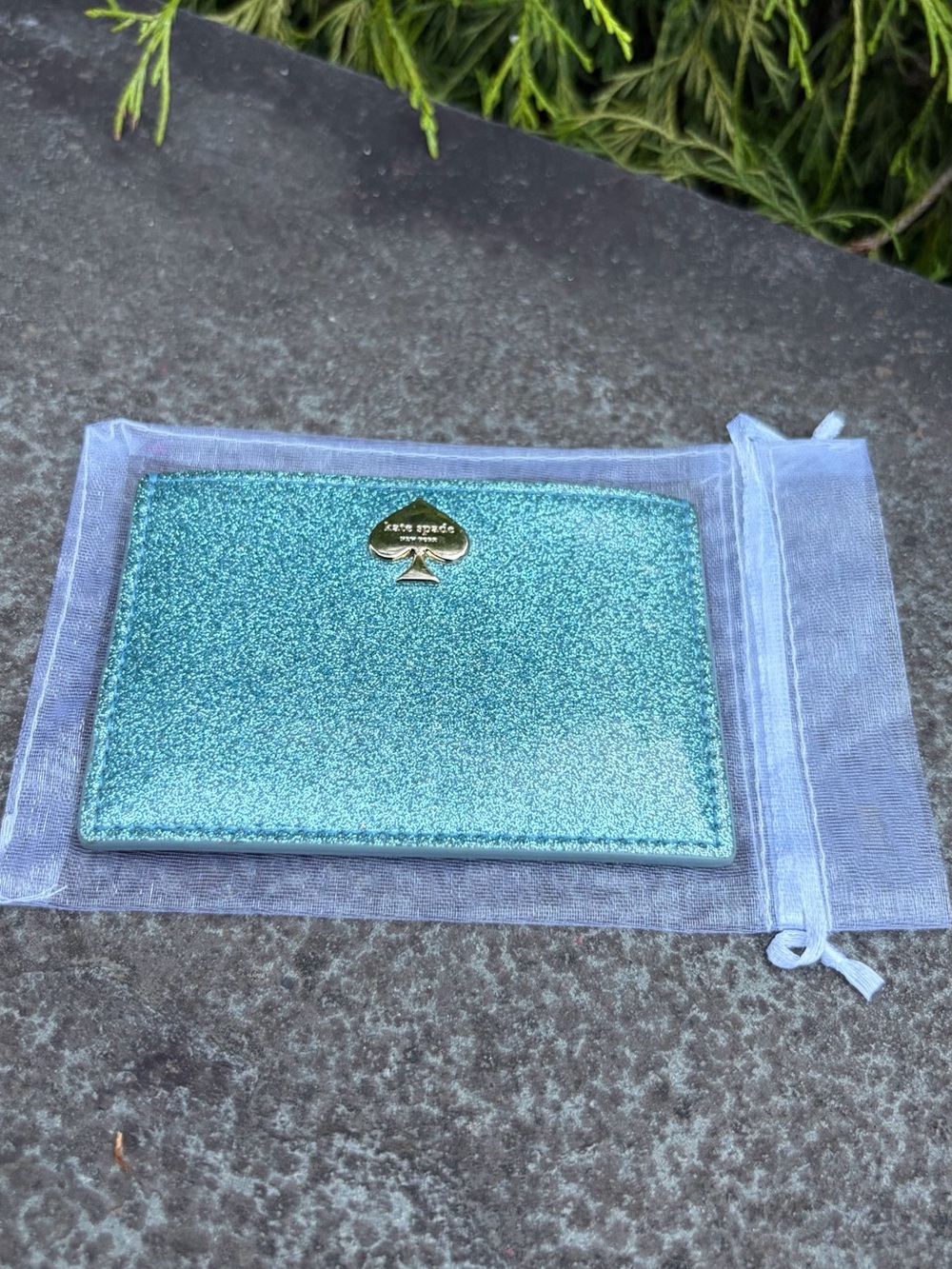 Kate Spade New York Blue Glitter Card Holder Wallet Metallic Spade Logo